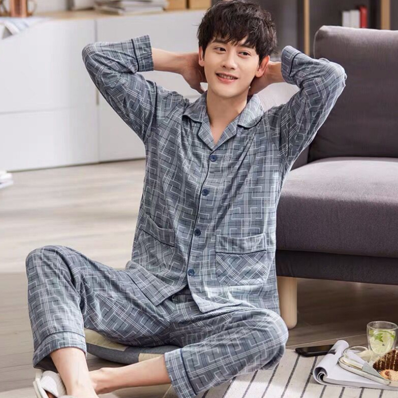 Men Pyjama Set Soft Long Seleeve 2 Pcs Sleepwear Suit 2023 N