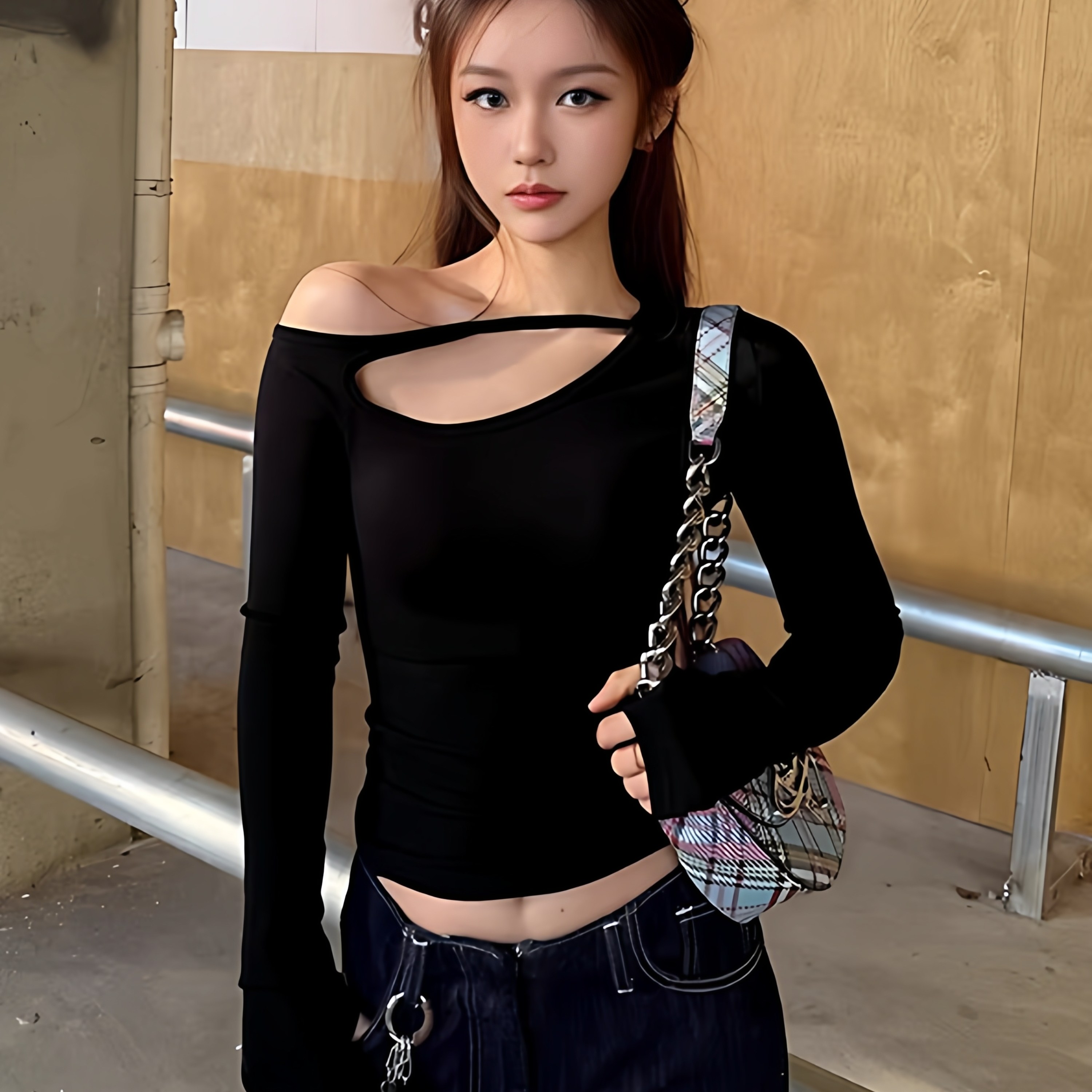 韩系小众气质镂空长袖T恤女2026早春斜领内搭打底衫露肩锁骨上衣,女装/女士精品,T恤,淘宝优惠券,粉丝福利购,淘宝优惠卷