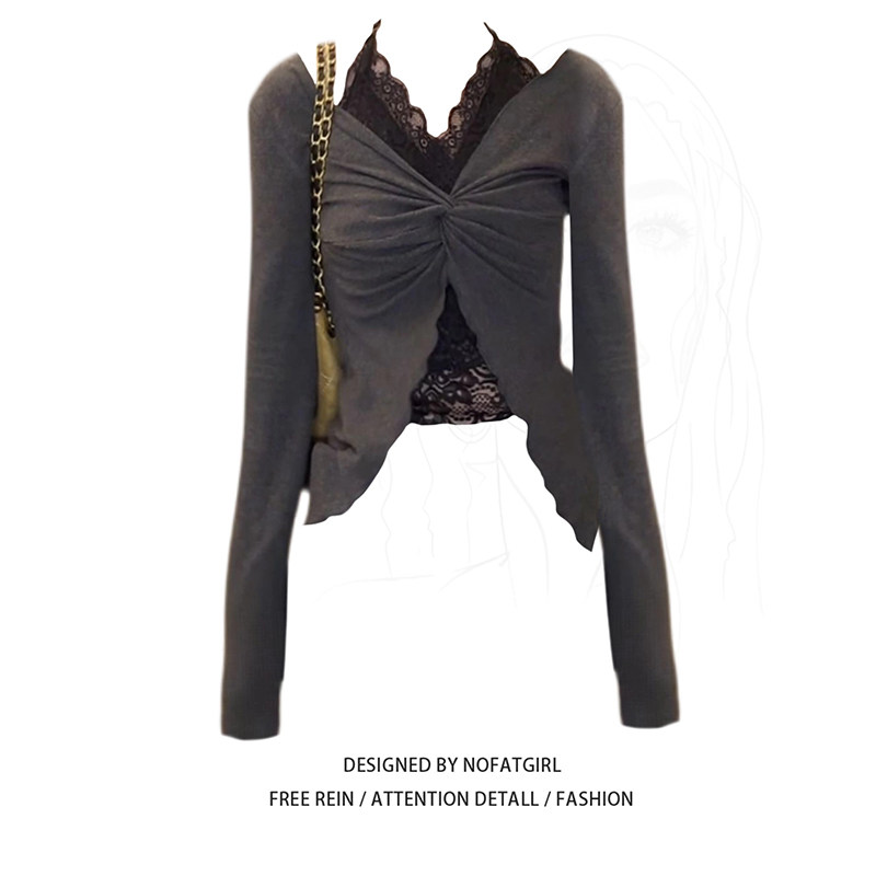 拼接蕾丝假两件挂脖长袖T恤女秋季纯欲风扭结修身设计感灰色上衣,女装/女士精品,T恤,淘宝优惠券,粉丝福利购,淘宝优惠卷