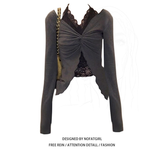 拼接蕾丝假两件挂脖长袖T恤女秋季纯欲风扭结修身设计感灰色上衣