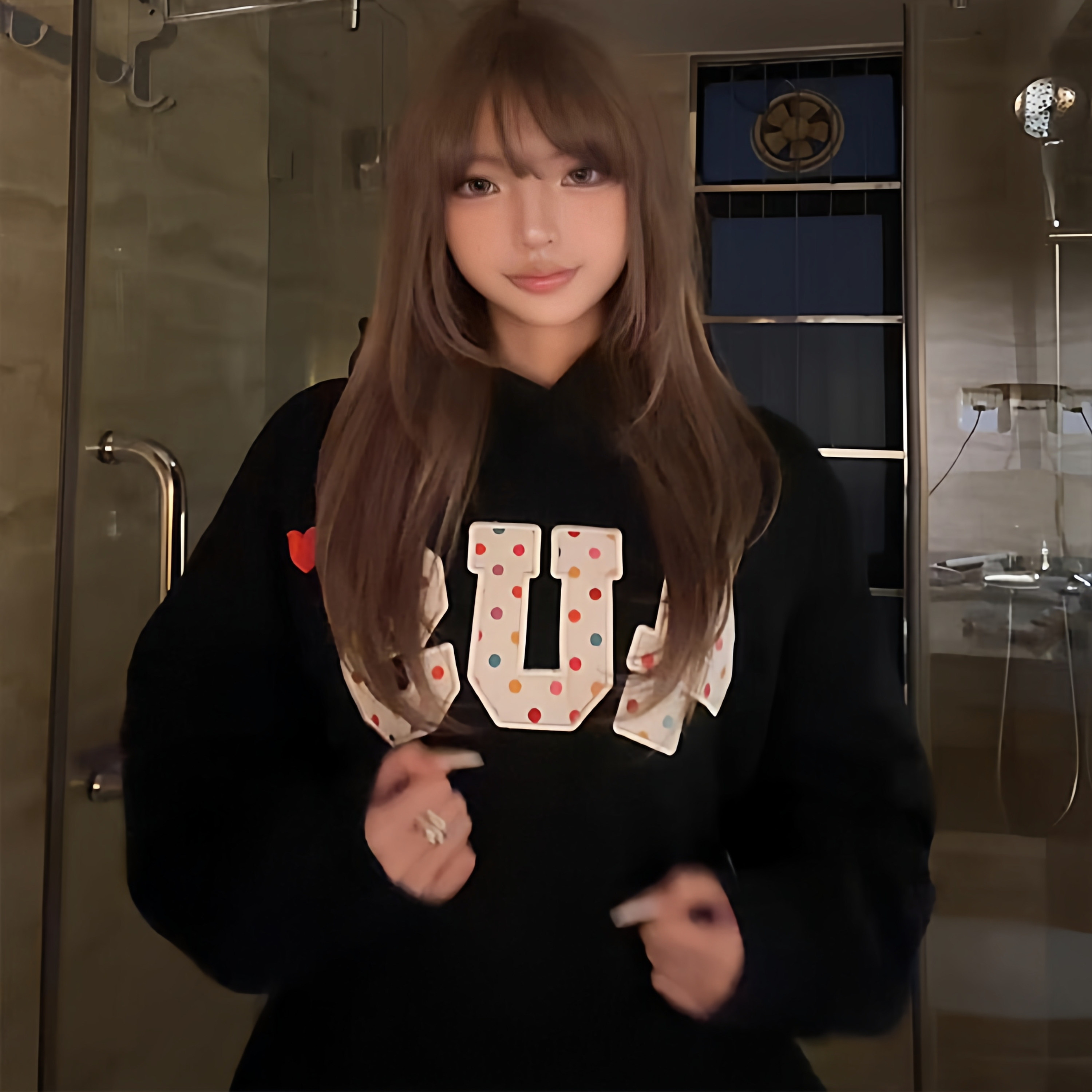 彩色爱心波点贴布刺绣连帽卫衣女秋冬季加绒加厚情侣休闲宽松外套