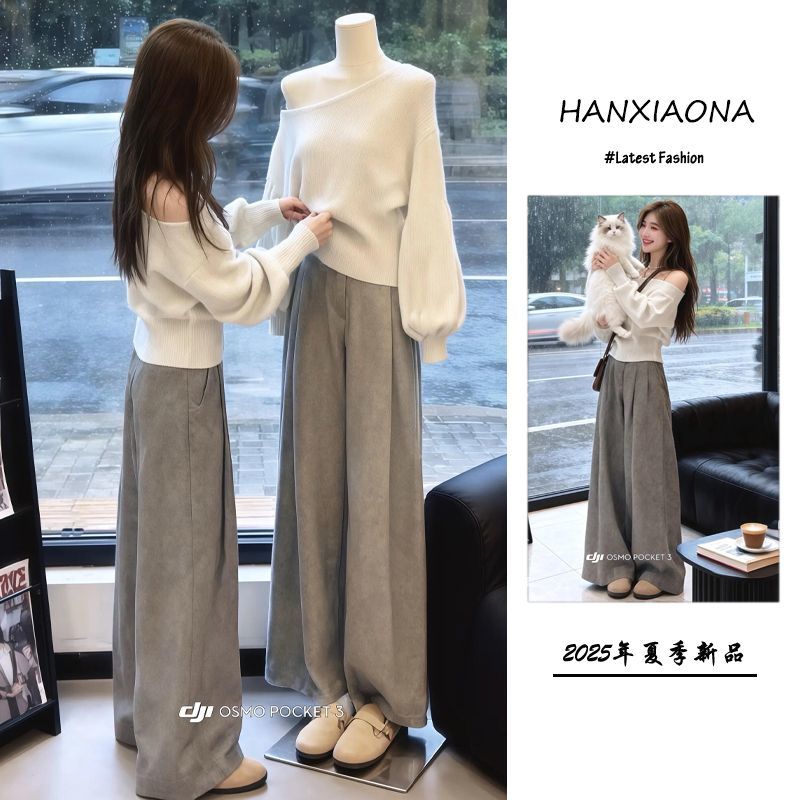 清冷气质法式斜肩上衣高腰阔腿裤