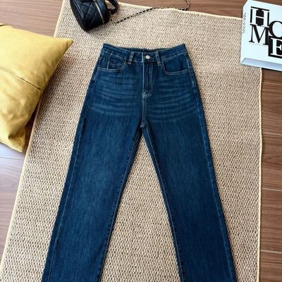 QiQi【深蓝港风】百搭直筒烟管牛仔裤女早秋休闲不掉色九分裤2225