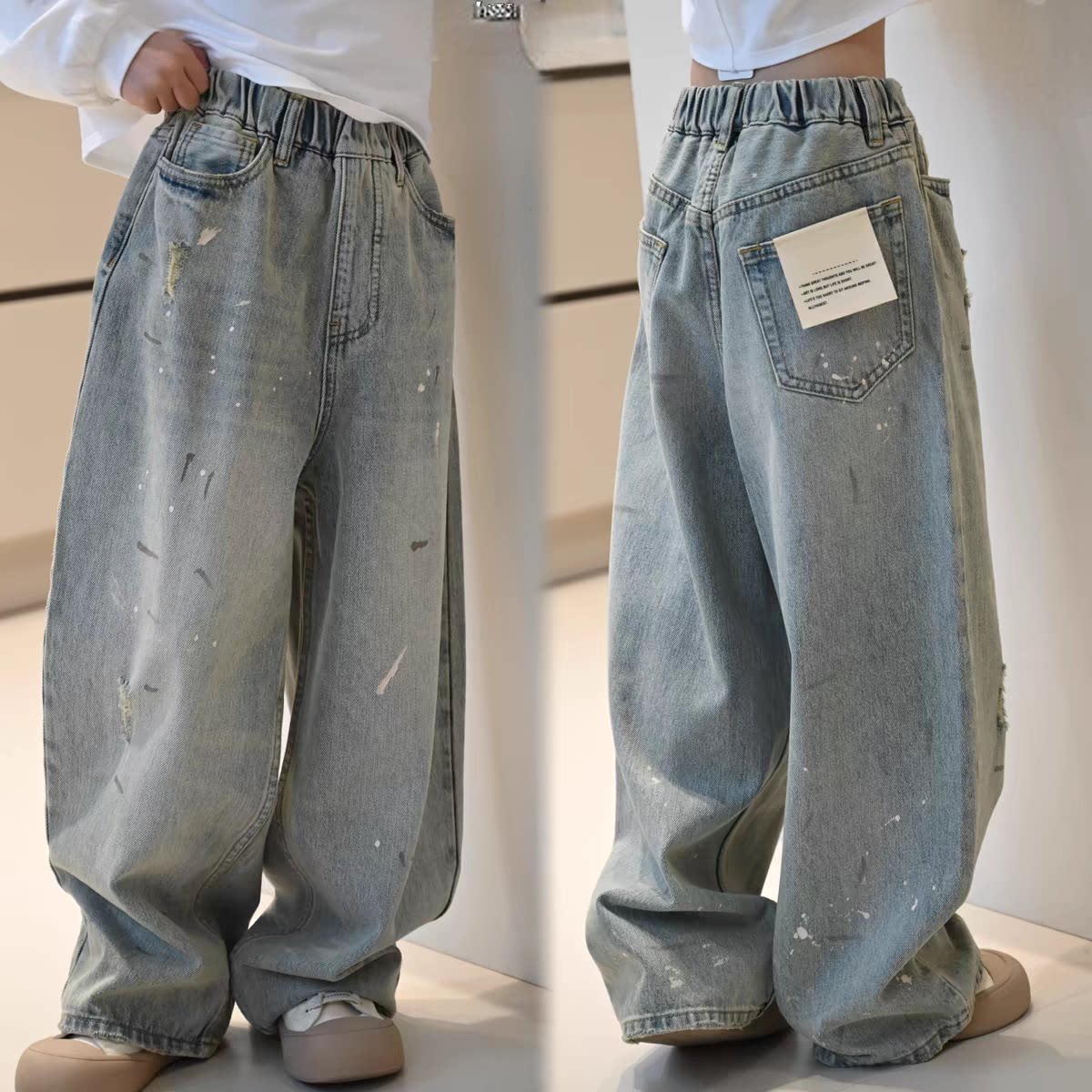 波童木女童牛仔裤2026新款儿童春季洋气涂鸦直筒裤男童休闲裤子