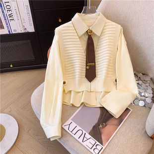 外套 领带短款 学院风减龄拉链针织马甲背心上衣套装 女秋叠穿衬衫