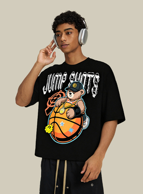 FIVE MEN美式嘻哈风卡通印花短袖T恤男黑色宽松潮牌上衣