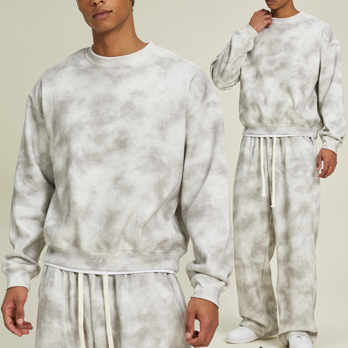 复古做旧风连帽卫衣套装男士