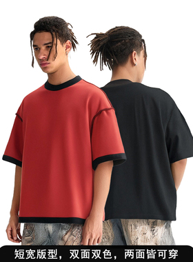 FIVE MEN双面穿短款短袖T恤男潮流黑色纯棉圆领短袖凉感透气t恤