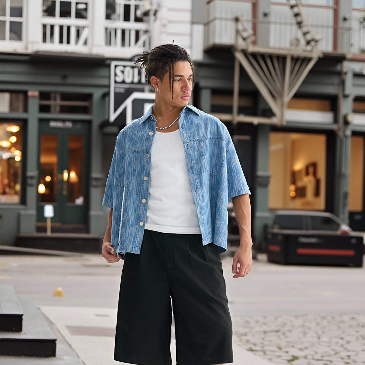 爆款短袖牛仔衬衫美式vintage风