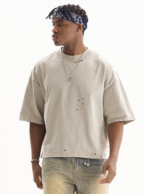 FIVE MEN重磅纯棉磨破复古T恤美式vintage风短袖衫短宽版型t恤男