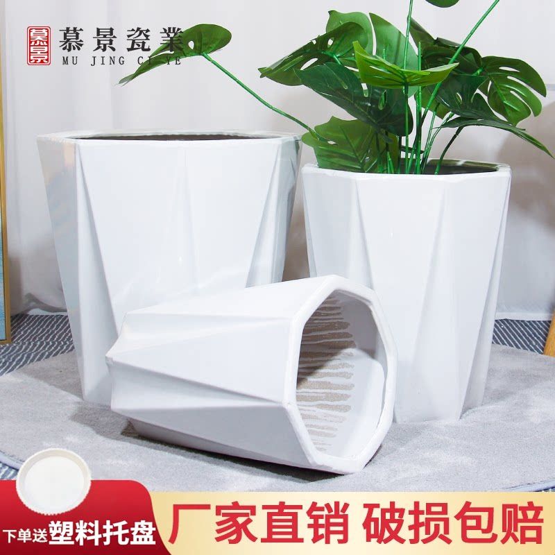 陶瓷大花盆简约百搭白色大号特大号落地家用客厅高筒室内户外庭院