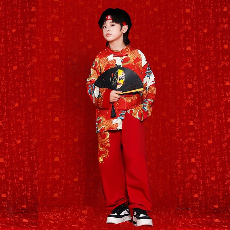 好货中国风演出服2025春款儿童汉服男童唐装新款套装国潮啦啦队表