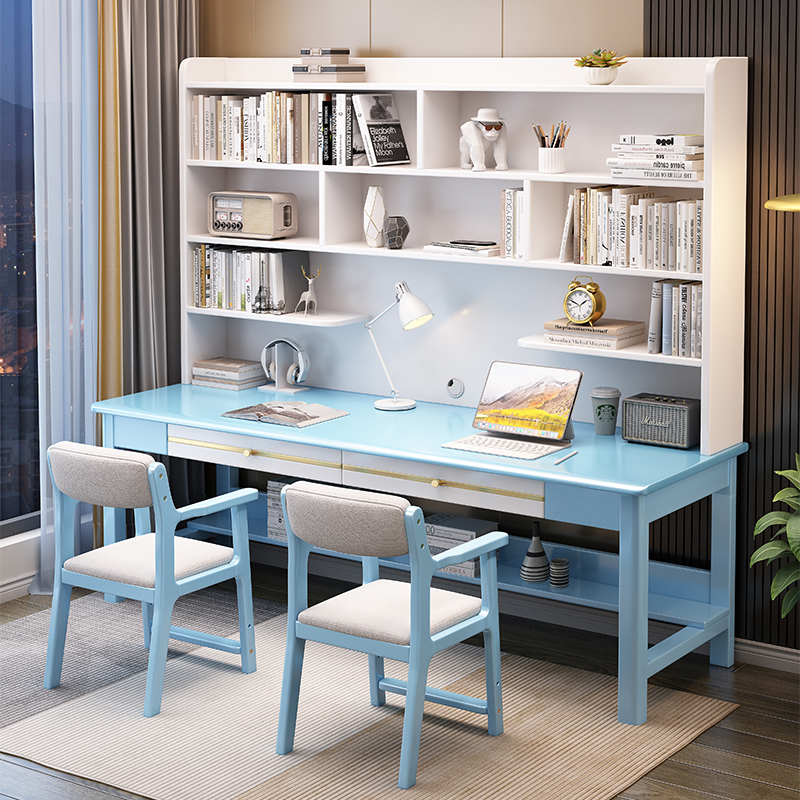 双人实木书桌书架一体高中学生学习桌卧室并排写字桌家用电脑桌子