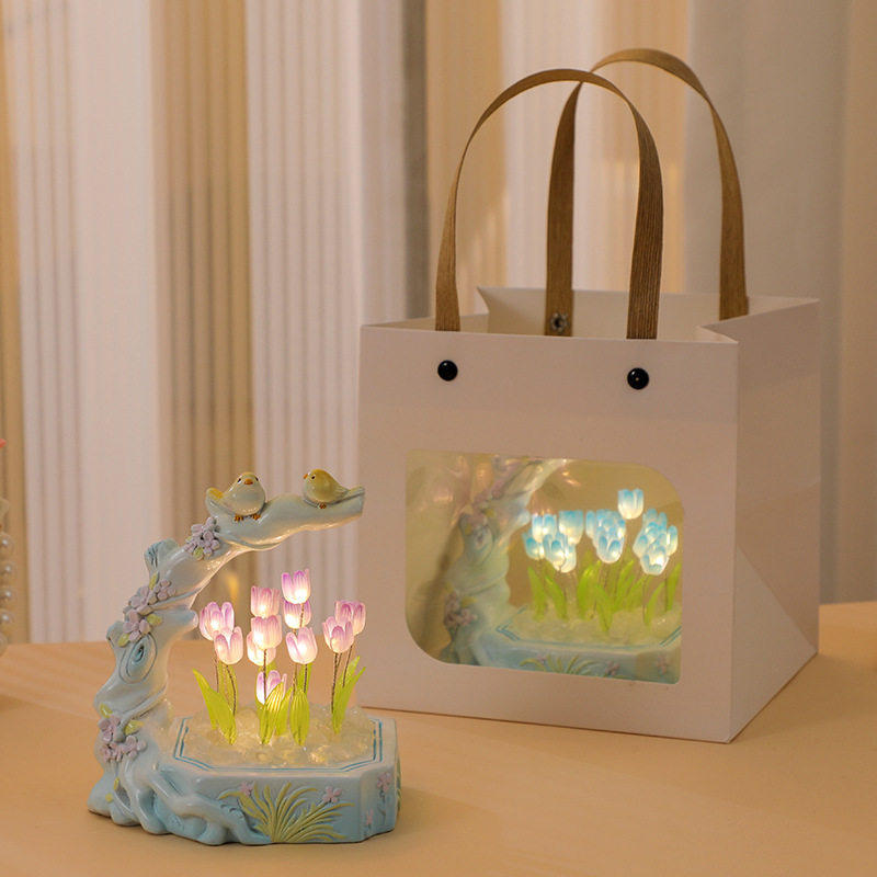 创意花鸟郁金香小夜灯摆件卧室睡眠灯手工diy书房装饰品生日礼物