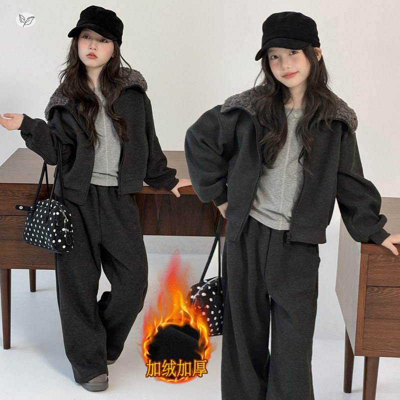 女童加绒卫衣阔腿裤两件套