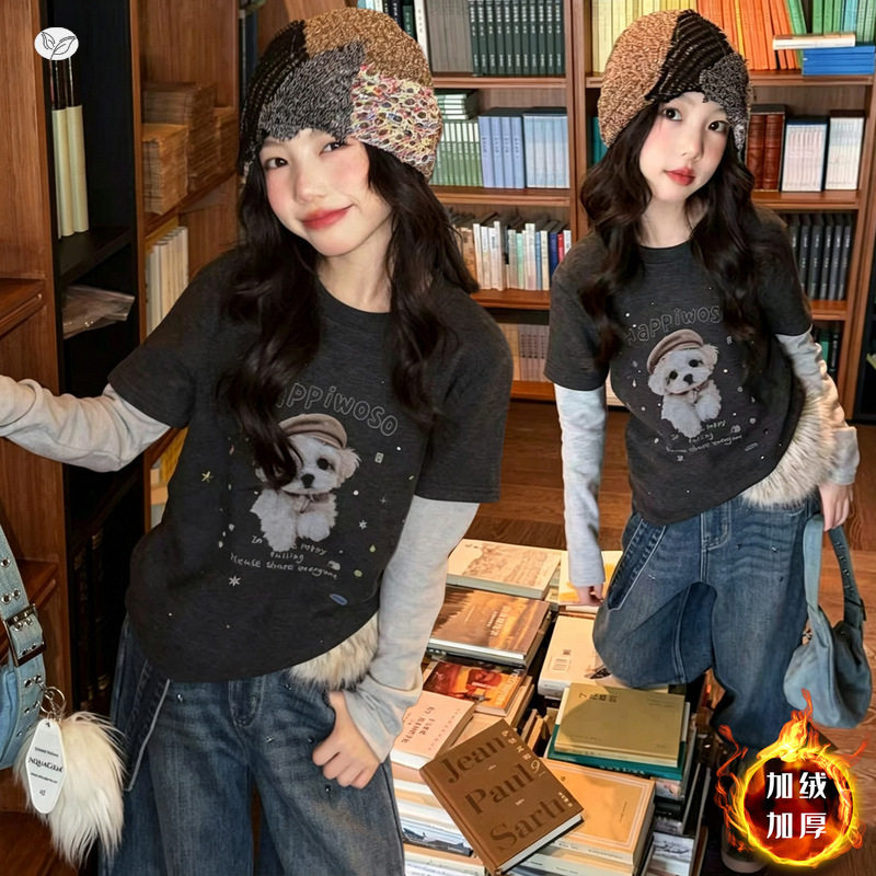 锦鲤TF女童德绒假两件长袖T恤