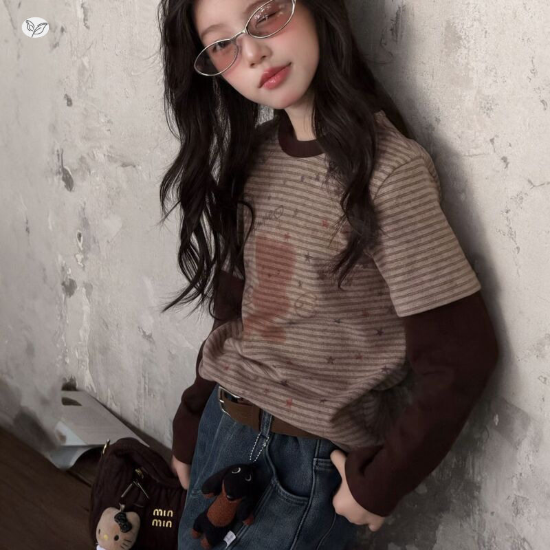 锦鲤女童秋装磨毛假两件长袖T恤