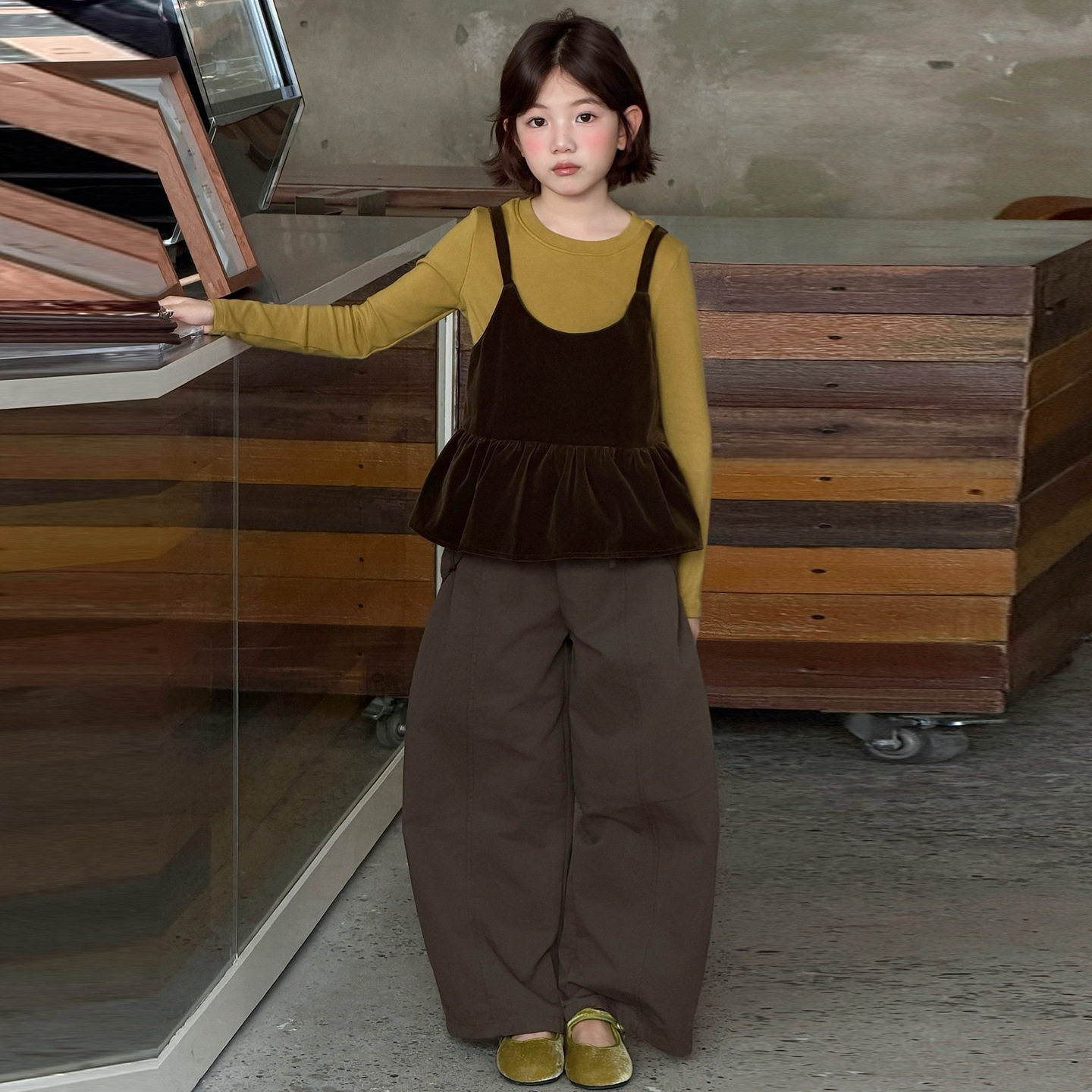 韩系女童丝绒吊带秋季三件套