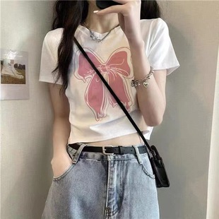 潮牌修身 短款 新款 T恤女白色印花蝴蝶结质感短袖 上衣 T恤女2024夏季