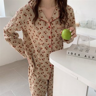薄款 家居服女士睡衣绉布纯棉套装 春夏季 纱布翻领开衫 休闲U大码