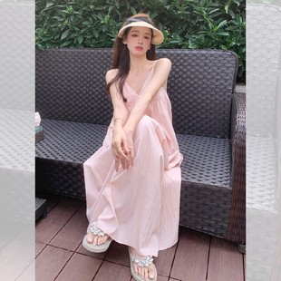 v領寬松顯瘦無袖 沙灘長裙子 法式 海邊度假風粉色吊帶連衣裙女夏季