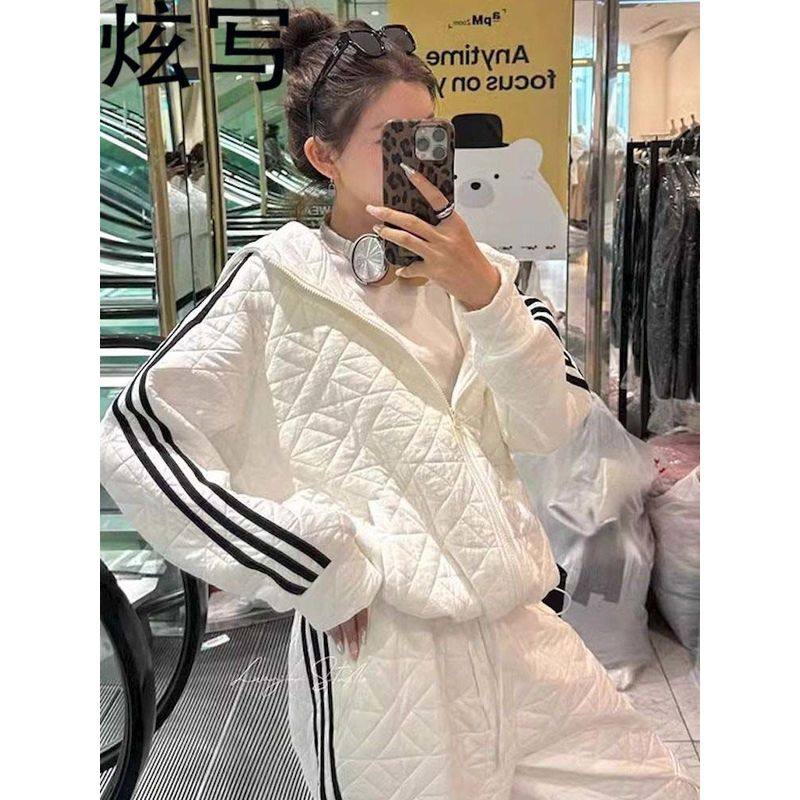 炫写纯棉运动风休闲套装秋冬季加绒开衫白色长袖简约卫衣两件套女