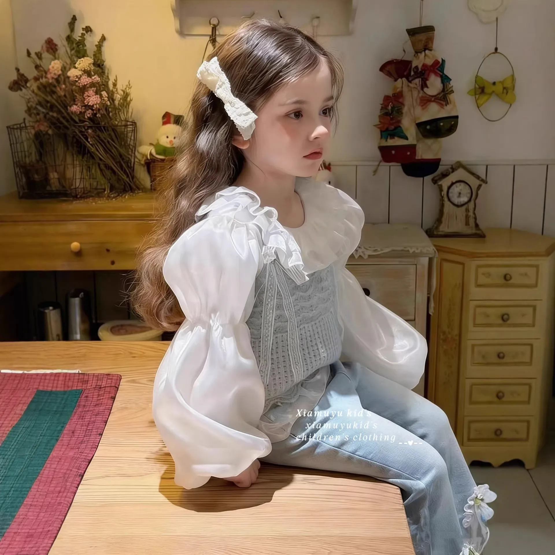 女童蕾丝长袖打底衫26春秋韩版儿童女宝洛丽塔内搭柔软蝴蝶结衬衫