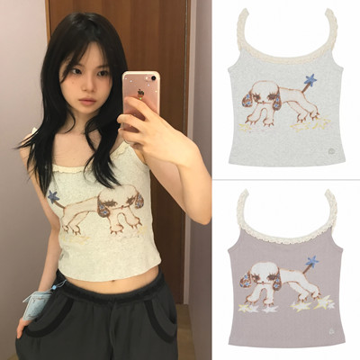 韩代 正品coyseio 26夏季新款可爱小狗印花蕾丝感弹力背心吊带