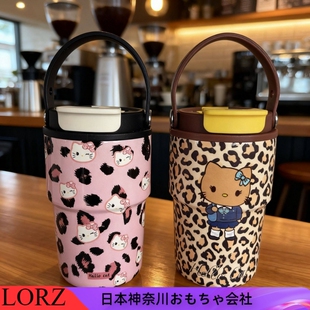 日本LORZ豹纹保温杯子女漂亮杯子陶瓷覆层KT猫水杯吸管杯