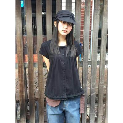 韩国潮牌coyseio衬衫短袖女碎花领口花边下摆拼接圆领系扣上衣