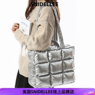 英国SNIDELLEE新款 太空羽绒包包亮面格子单肩包腋下包手提托特包