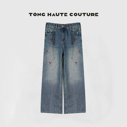 冬季新款高级感微弹印花加绒牛仔裤 YK174