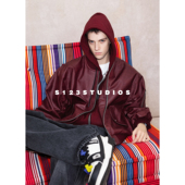 S123 美式 复古双拉链假两件连帽飞行夹克高街痞帅宽松机车服外套