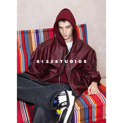 S123 美式复古双拉链假两件连帽飞行夹克高街痞帅宽松机车服外套