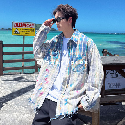 S123 渐变晕染设计感涂鸦喷绘格子长袖衬衫外套男宽松休闲开衫