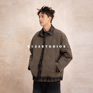 S123【菱格撞色】90白鸭绒格子拼接羽绒服外套男宽松休闲开衫上衣