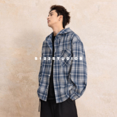 S123早秋美式 上衣 男宽松开衫 休闲撞色格子连帽长袖 衬衫