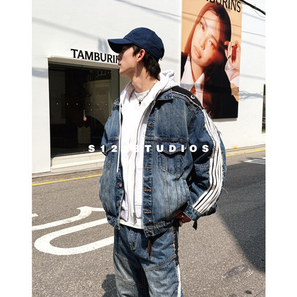 S123早秋新品巴黎五条杠拼接水洗牛仔外套美式复古休闲夹克