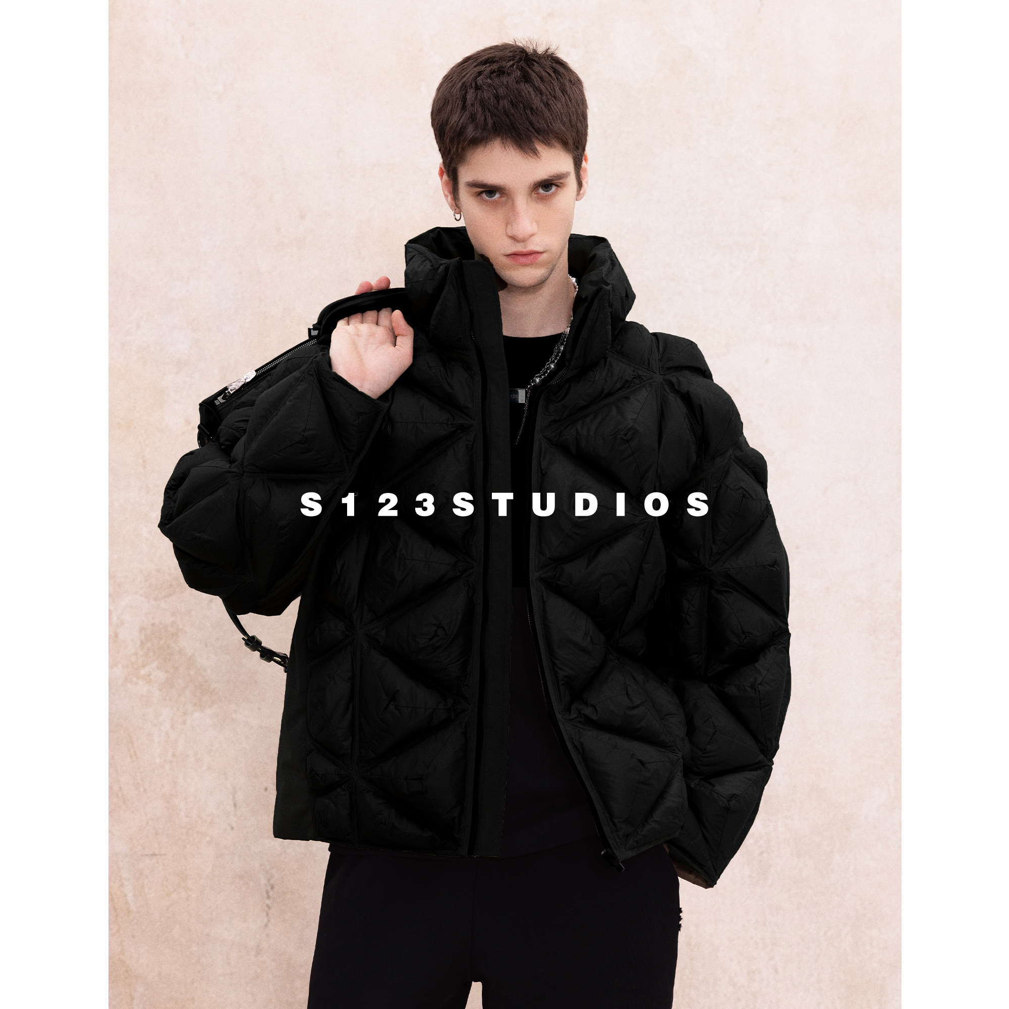 S123白鹅绒 美式潮流重工褶皱菱形格羽绒服加厚保暖百搭外套