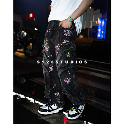 S123【樱花枝蔓】手工立体刺绣重工毛边流苏小众设计牛仔裤