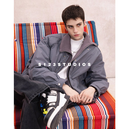 S123冬季假两件90白鸭绒毛衣领拼接羽绒服夹克保暖高街痞帅外套