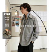 泡泡纱假两件双层领条纹长袖 衬衫 男春季 S123 新款 宽松百搭上衣情