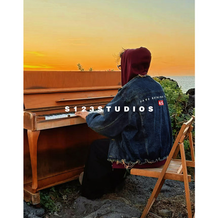 S123【陈调叠构】巴家假两件拼接连帽牛仔夹克秋冬痞帅字母外套