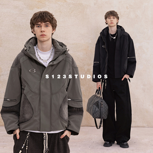 S123 美式复古重工拼接羽绒服外套男宽松冬季加厚保暖连帽棉服