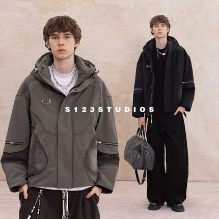 S123 美式复古重工拼接羽绒服外套男宽松冬季加厚保暖连帽棉服