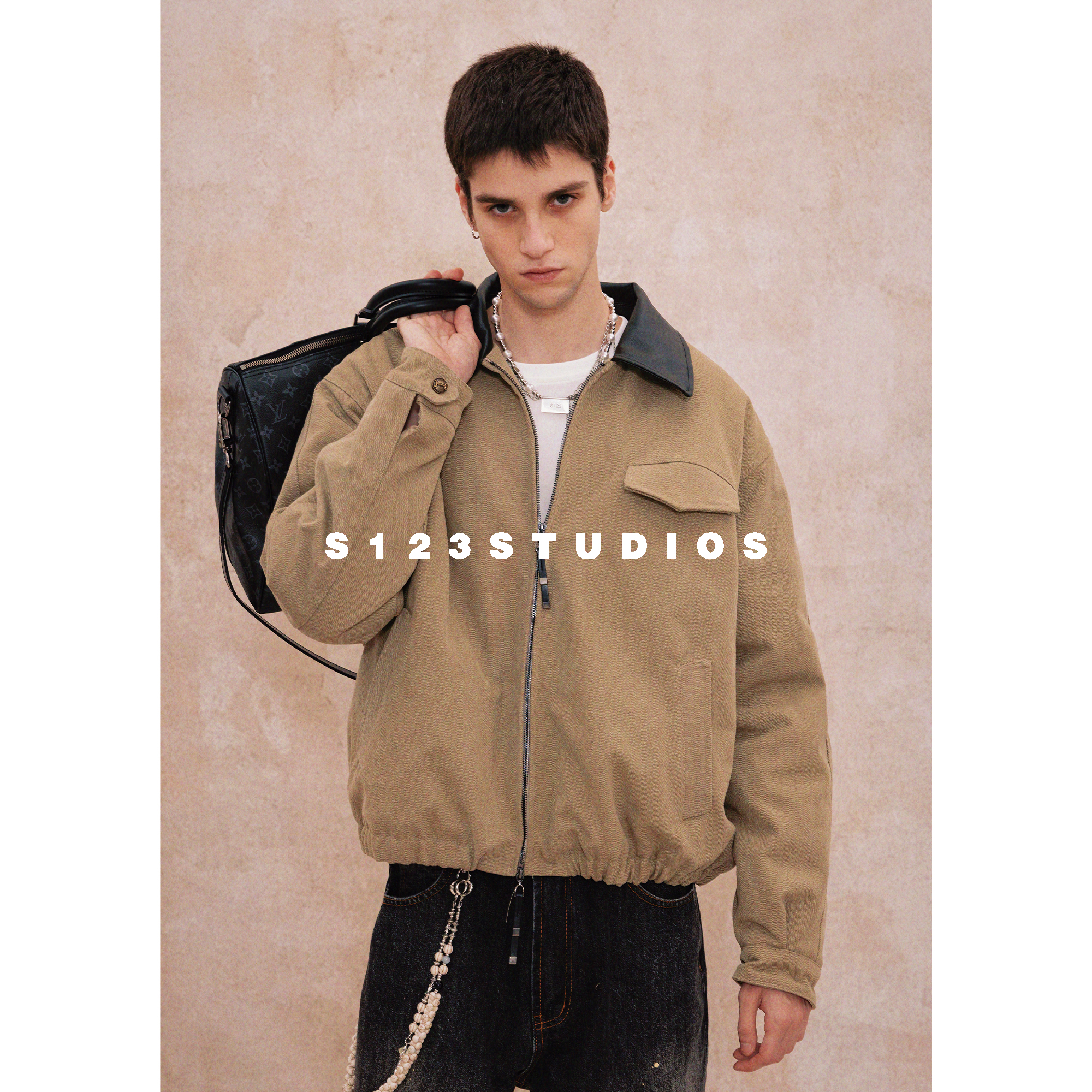 S123秋冬新款复古巴恩风皮领哈灵顿短宽夹克外套男工装开衫上衣