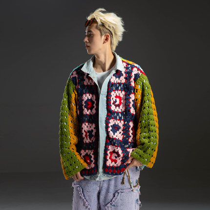 S123聪明陈【高定镂空钩花】原版开发双面穿针织毛衣拼接牛仔夹克