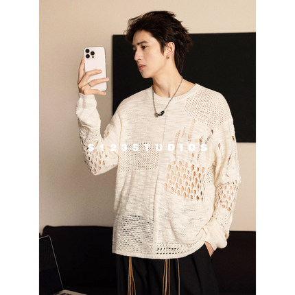 S123小众复古镂空设计透视不规则针织毛衣男女宽松上衣潮