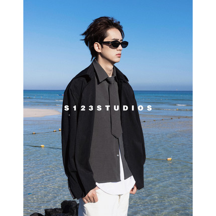 S123早秋拼接领带设计假两件衬衫简约纯色宽松百搭通勤上衣