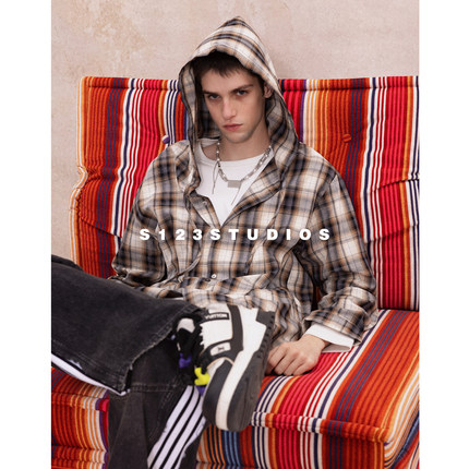 S123 美式复古撞色格纹连帽长袖 衬衫抽绳设计宽松百搭情侣外套潮